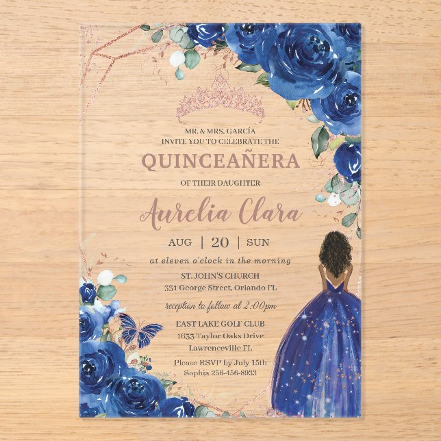 Quinceañera Birthday Royal Blue Floral Brown Girl Acrylic Invitations (Front)