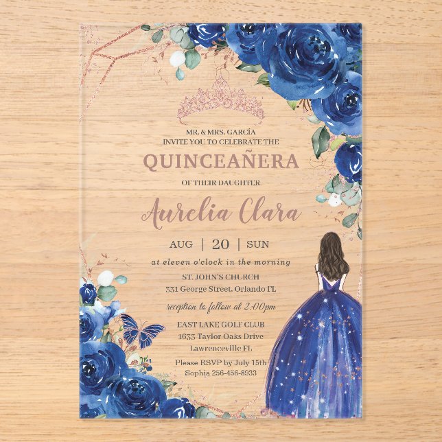 Quinceañera Birthday Royal Blue Floral Princess Acrylic Invitations (Front)