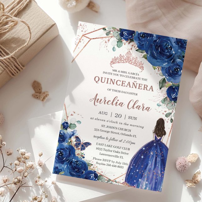 Quinceañera Birthday Royal Blue Floral Princess Invitation (Creator Uploaded)