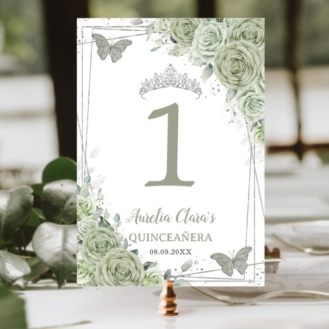 Quinceañera Birthday Sage Green Floral Butterflies Table Number (Creator Uploaded)