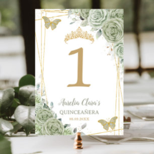 Quinceañera Birthday Sage Green Floral Butterflies Table Number