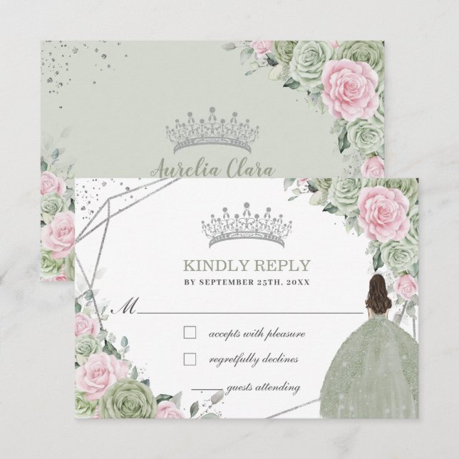 Quinceañera Birthday Sage Green Soft Pink Floral RSVP Card (Front/Back)