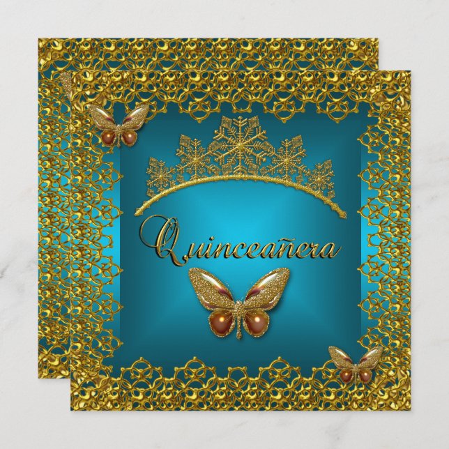 Quinceanera Birthday Teal Gold Tiara Butterfly Invitation (Front/Back)