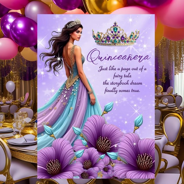 Quinceanera Birthday Teal Purple Tiara Dress Invitation (Creator Uploaded)