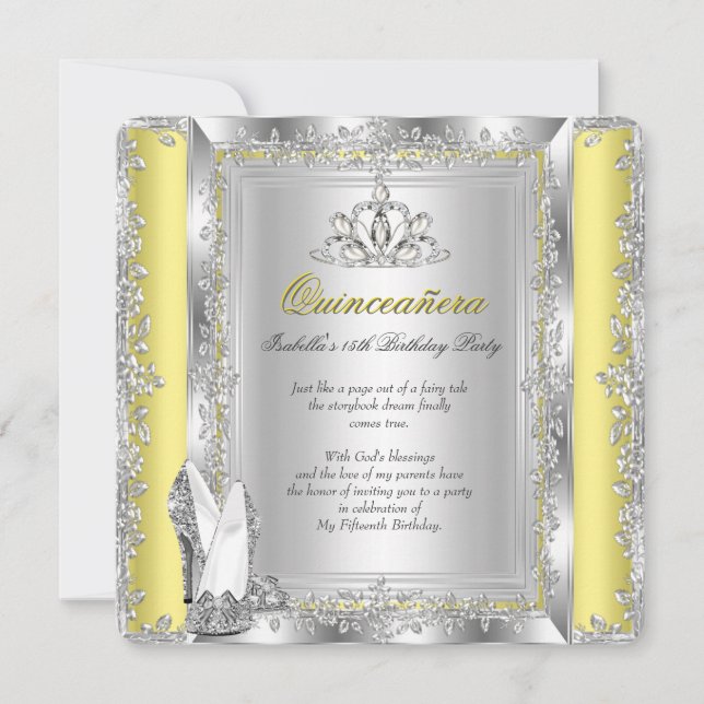 Quinceanera Birthday Yellow Silver Shoes Invitation (Front)