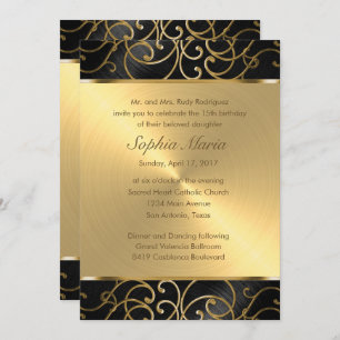 Quinceanera Black and Gold Filigree Swirls Invitation
