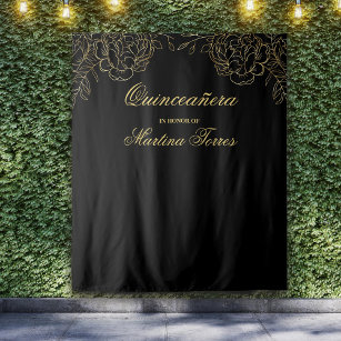 Quinceanera Black and Gold Photo Booth Backdrop Tapestry