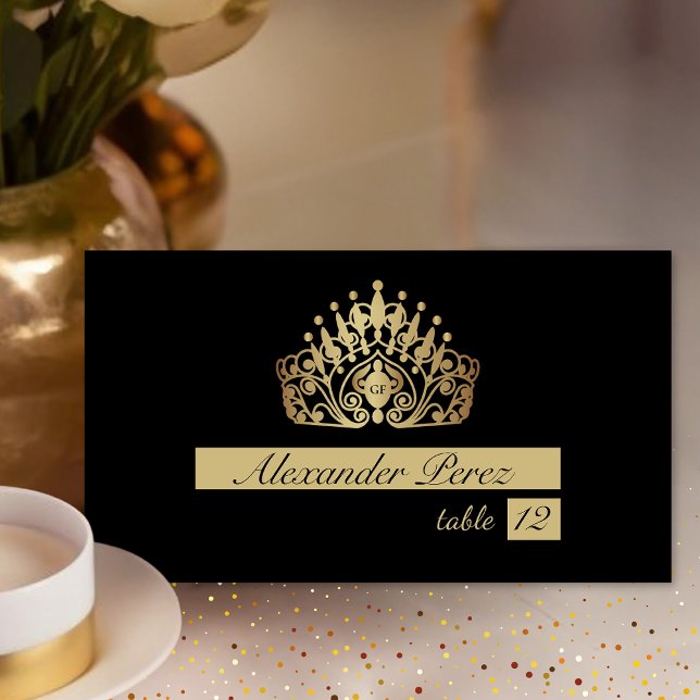 Quinceanera Black and Gold Princess Tiara Crown  Place Card (Creator Uploaded)