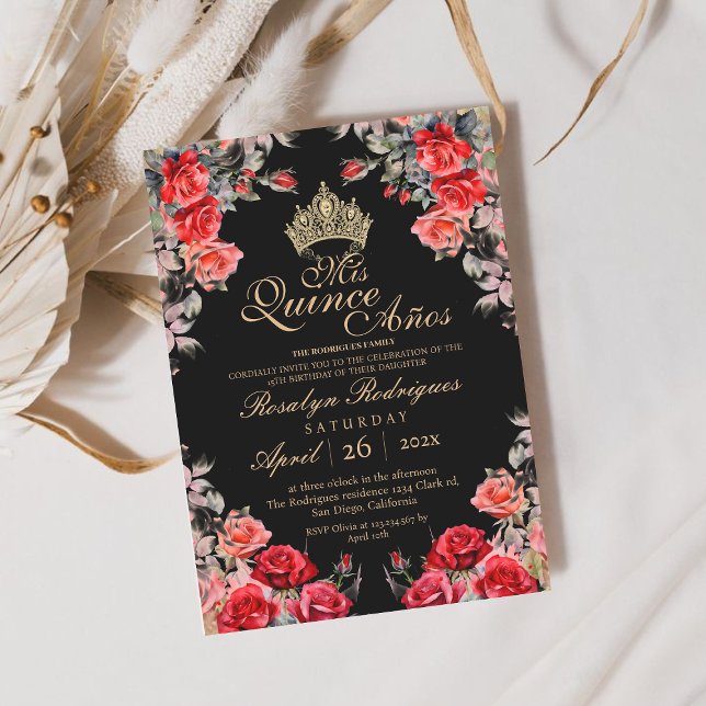 Quinceanera - Black and Red Gold Rose Invitation (Creator Uploaded)
