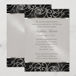 Quinceanera Black and Silver Filigree Swirls Invitation