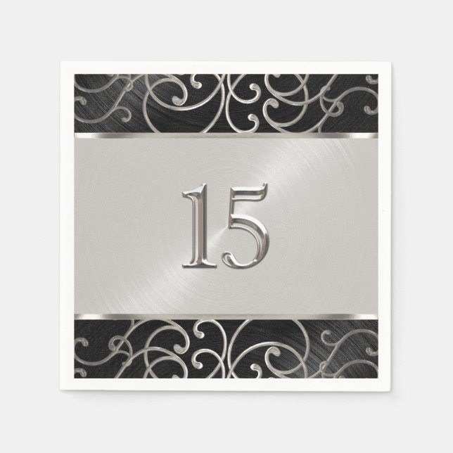 Quinceanera Black and Silver Filigree Swirls Napkin (Front)