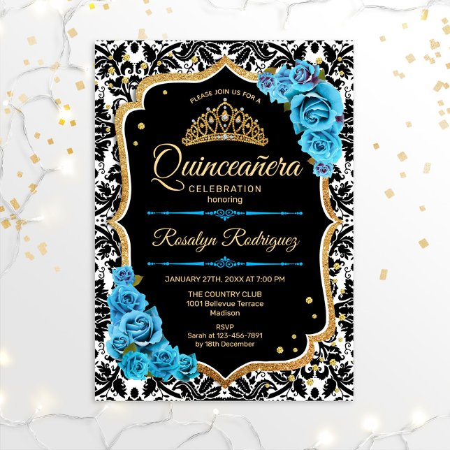 Quinceanera - Black Blue Gold Invitation (Creator Uploaded)