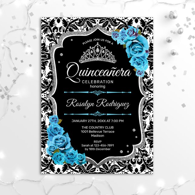 Quinceanera - Black Blue Silver Invitation (Creator Uploaded)
