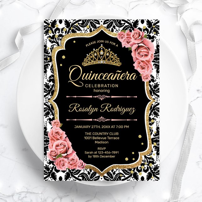 Quinceanera - Black Blush Pink Gold Invitation (Creator Uploaded)