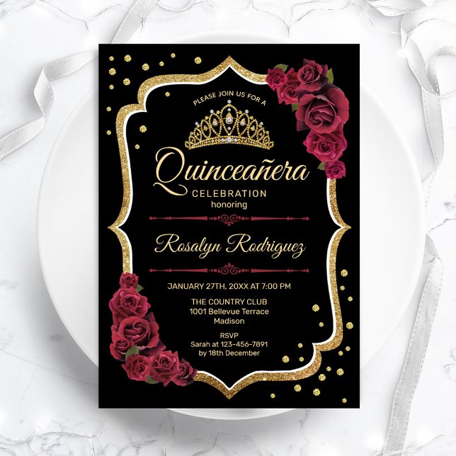Quinceanera - Black Burgundy Gold Invitation (Creator Uploaded)