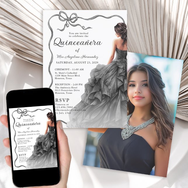 Quinceañera Black Dress Scalloped Ribbon Bow Photo Invitation (Invitation is available in both printed and digital download formats.)