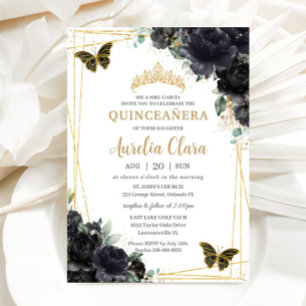 Quinceañera Black Floral Roses Butterflies Gold Invitation