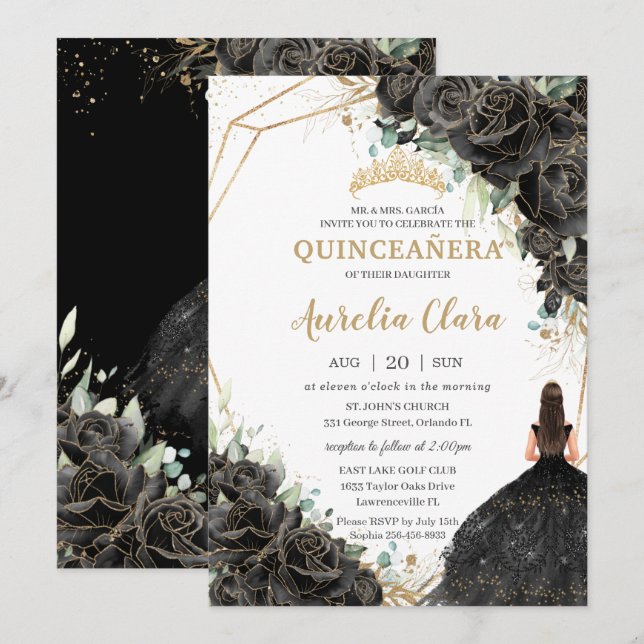 Quinceañera Black Floral Roses Dress Gold Crown  Invitation (Front/Back)