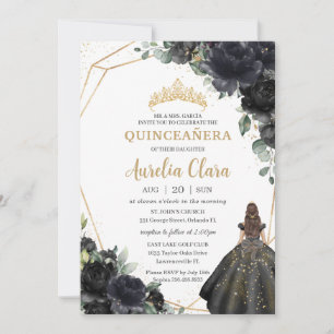 Quinceañera Black Floral Roses Princess Gold Crown Invitation