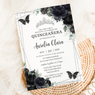 Quinceañera Black Floral Roses Princess Silver Invitation