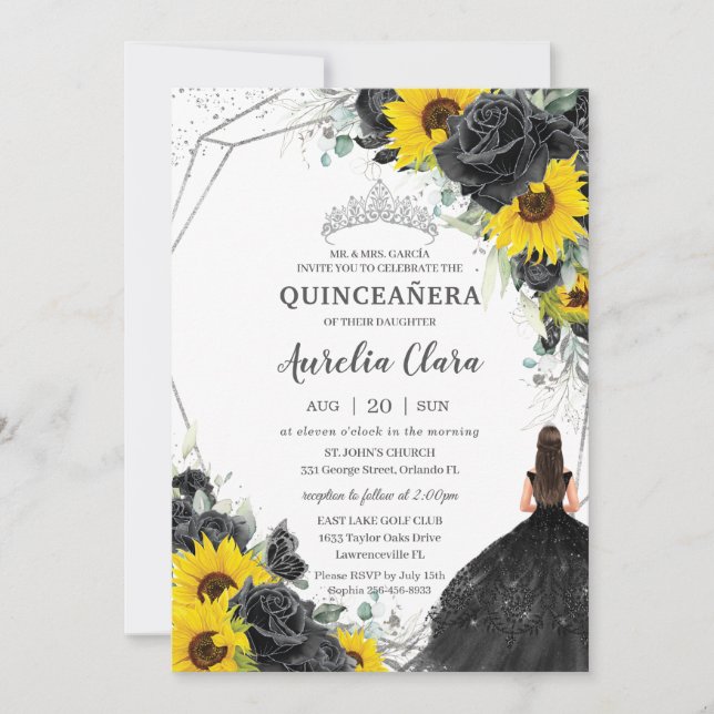 Quinceañera Black Floral Roses Sunflower Silver Invitation (Front)