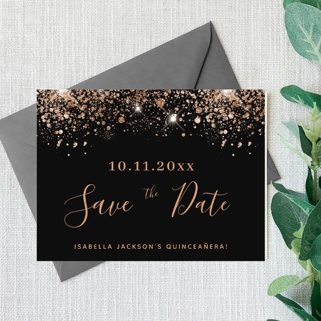 Quinceanera black glitter budget save the date flyer (Creator Uploaded)