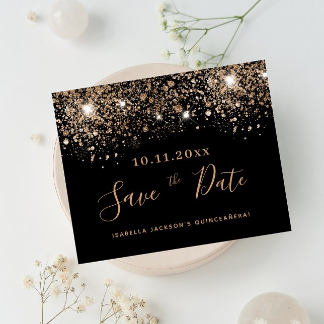 Quinceanera black glitter budget save the date flyer (Creator Uploaded)