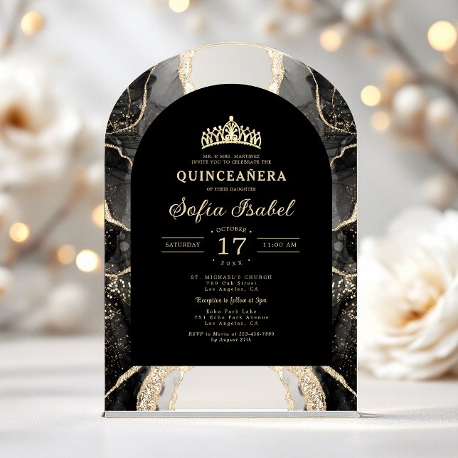 Quinceañera Black Gold Agate Elegant Acrylic Invitations (Creator Uploaded)