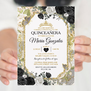 Quinceañera Black & Gold Crown Mexican Butterfly Invitation