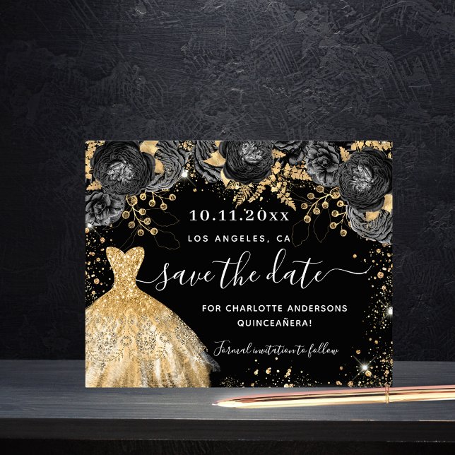 Quinceanera black gold dress budget save the date (Creator Uploaded)