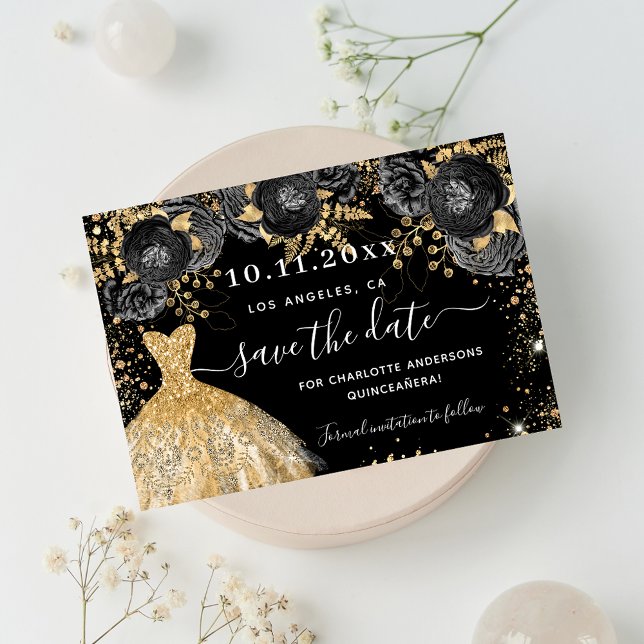 Quinceanera black gold dress florals save the date announcement postcard (Creator Uploaded)