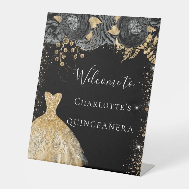 Quinceanera black gold dress flowers welcome pedestal sign (Front)