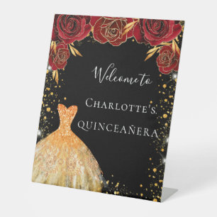 Quinceanera black gold dress red floral welcome pedestal sign
