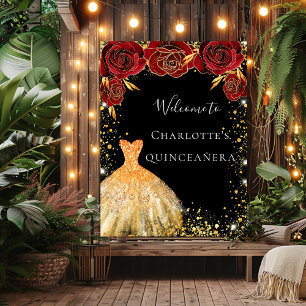 Quinceanera black gold dress red floral welcome poster