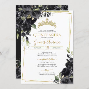 Quinceañera Black & Gold Elegant Watercolor Floral Invitation