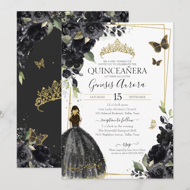 Quinceañera Black Gold Flowers Quince Dress Invitation (Front/Back)