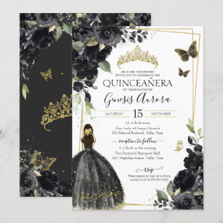 Quinceañera Black Gold Flowers Quince Dress Invitation