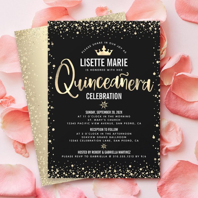 Quinceañera Black Gold Foil Glitter Princess Crown Invitation (Creator Uploaded)