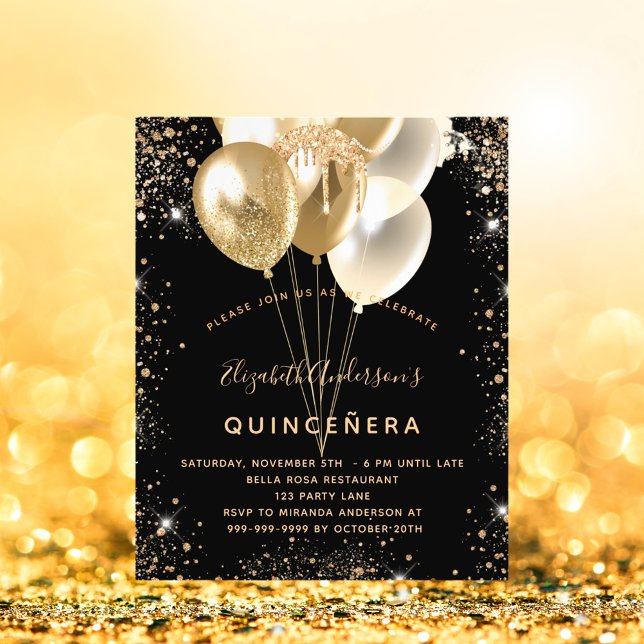 Quinceanera black gold glitter balloons invitation (Creator Uploaded)