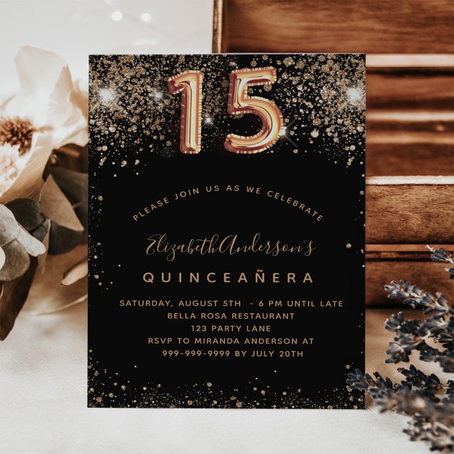 Quinceanera black gold glitter budget invitation flyer (Creator Uploaded)