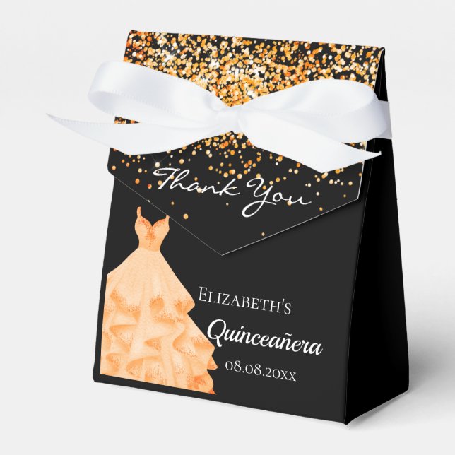Quinceanera black gold glitter dress thank you favour box (Front Side)
