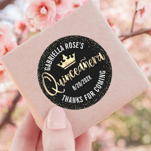 Quinceañera Black Gold Glitter Foil Crown Script Classic Round Sticker