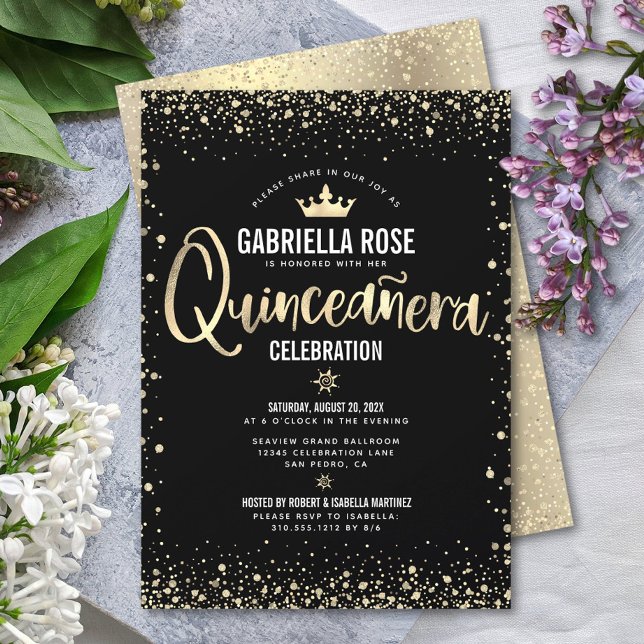 Quinceañera Black Gold Glitter Foil Princess Crown Invitation (Creator Uploaded)