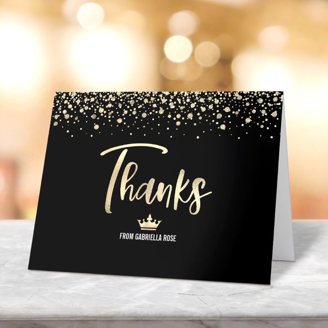 Quinceañera Black Gold Glitter Foil Script Elegant Thank You Card (Creator Uploaded)