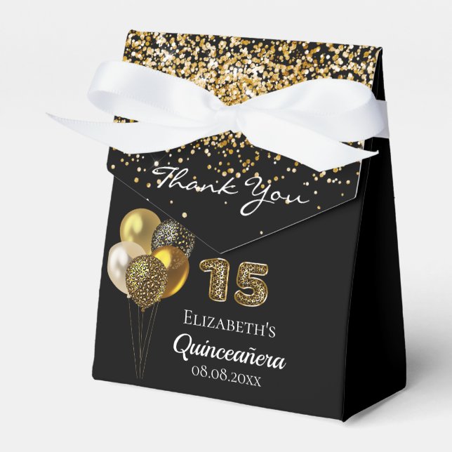Quinceanera black gold glitter leopard thank you favour box (Front Side)