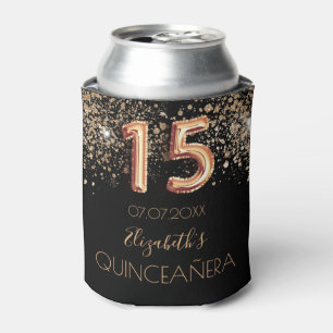 Quinceanera black gold glitter monogram sparkle can cooler