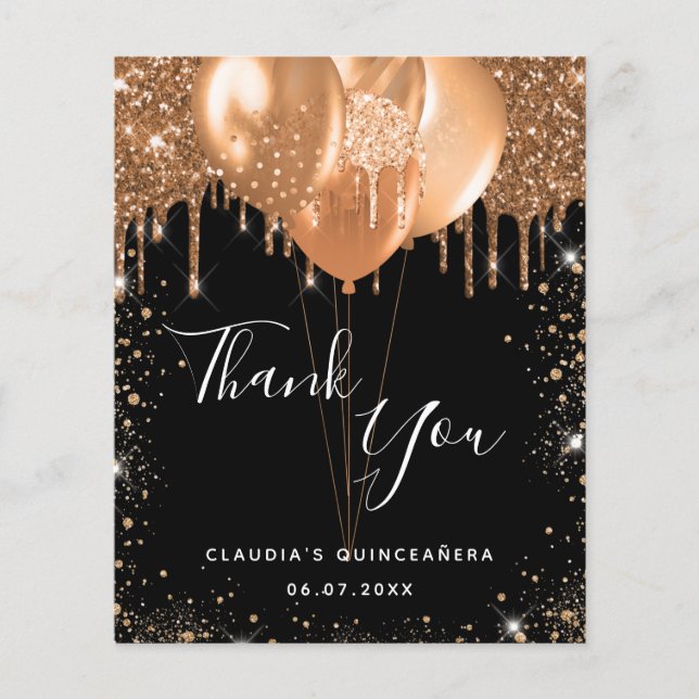 Quinceanera black gold glitter thank you budget flyer (Front)