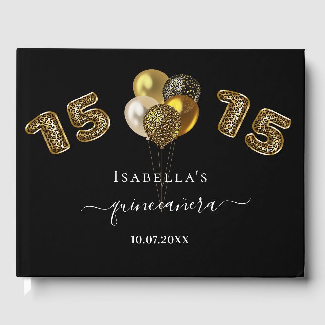 Quinceanera black gold leopard animal guest book (Front)