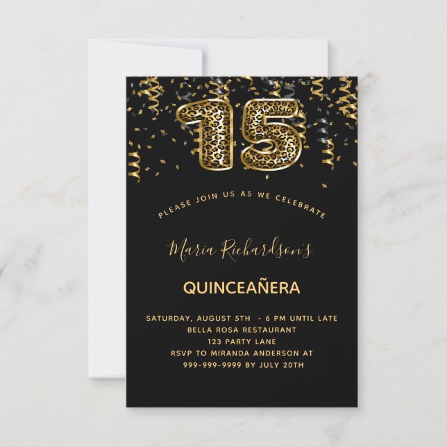 Quinceanera black gold leopard pattern confetti invitation (Front)