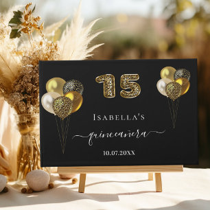Quinceanera black gold leopard print balloons guest book